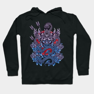 The blue snake coiled around the Hannya Mask Hoodie